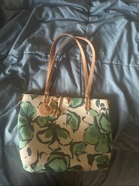 Emma Fox Cream Tote with Green Floral Print and Tan Straps